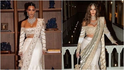 Kim Kardashian and Khloe Kardashian in similar-looking Manish Malhotra lehenga for Ambani wedding. (Instagram ) Kim Kardashian and Khloe Kardashian in similar-looking Manish Malhotra lehenga for Ambani wedding. (Instagram )