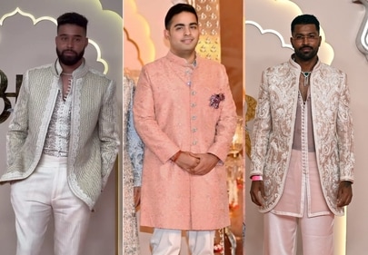 AP Dhillon, Akash Ambani and Hardik Pandya in Faraz Manan for the daytime baraat AP Dhillon, Akash Ambani and Hardik Pandya in Faraz Manan for the daytime baraat