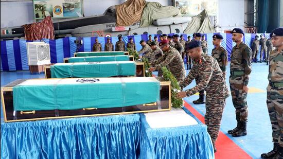 Army personnel pay last respects to Captain Brijesh Thapa, Naik D Rajesh, Sepoy Ajay Kumar Singh and Sepoy Bijendra who were killed in action during an encounter with terrorists in Doda, on Tuesday. (ANI)