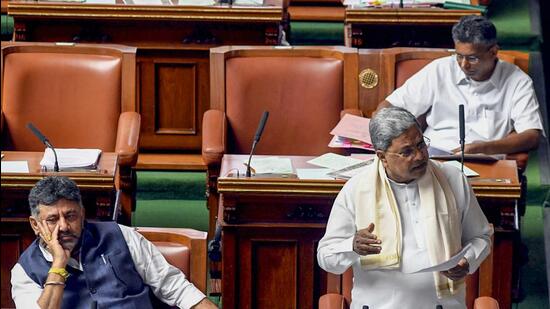 Karnataka Chief Minister Siddaramaiah speaks in the house on the first day of monsoon session of State Assembly, in Bengaluru on Monday. State Deputy Chief Minister DK Shivakumar is also seen. (ANI)