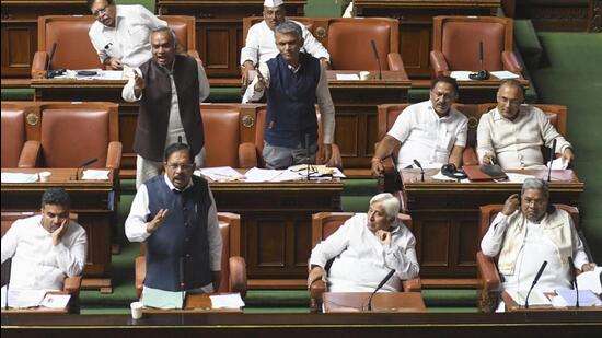 Karnataka Home Minister G Parameshwara speaks during the state Assembly session, at Vidhan Soudha in Bengaluru, on Tuesday (PTI)