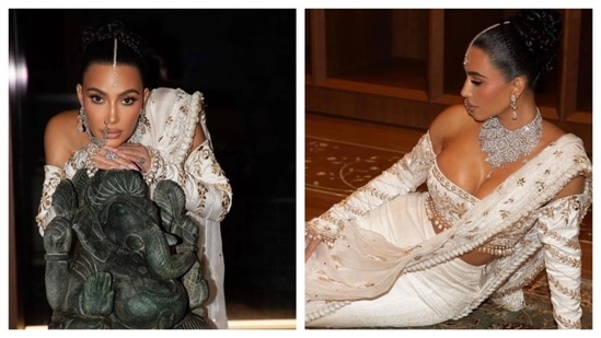 Kim Kardashian poses for photos during the wedding festivities of Anant Ambani and Radhika Merchant in Mumbai.