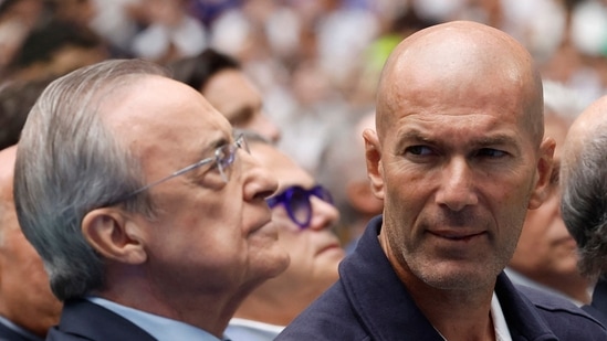 Former Real Madrid player and coach Zinedine Zidane with club president Florentino Perez before the unveiling of Mbappe in Madrid(REUTERS)