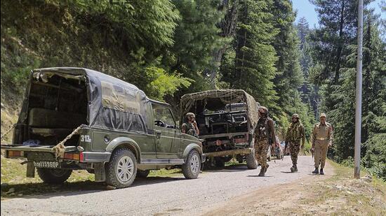 Security forces in Desa forest area in Doda district of Jammu & Kashmir on Tuesday. (PTI)
