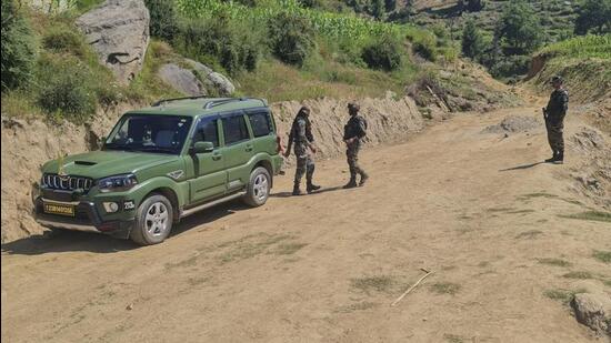 Security personnel during an anti-terror operation after four army personnel, including an officer, died after being injured in a gunfight with terrorists in Doda district on Tuesday. (PTI Photo)