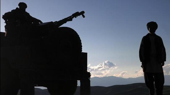 Taliban security personnel stand guard near a poppy field in Argo district on May 12, 2024 (AFP FILE PHOTO)