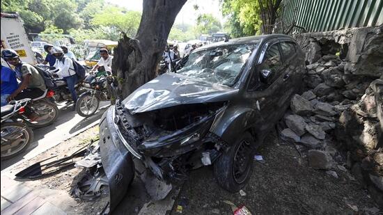 The car involved in the accident. (Sanjeev Verma/HT Photo)