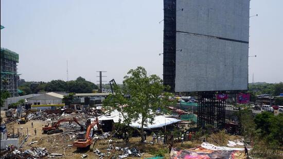 The hoarding, eventually erected by Ego Media, collapsed on the petrol pump on May 13 following a short spell of heavy, unseasonal rain and gusty winds. Seventeen people were killed, and several others were injured in the crash. (Raju Shinde/HT Photo)