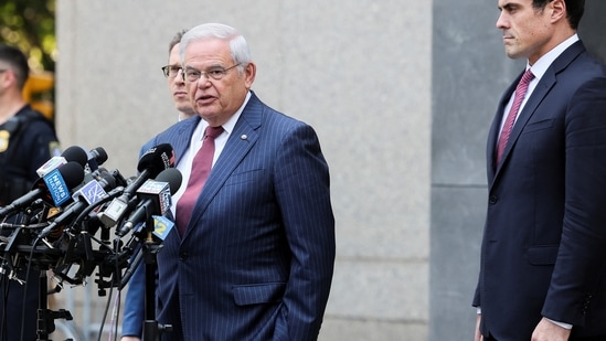 Lawyer Adam Fee listens to U.S. Senator Robert Menendez (D-NJ) as he speaks to the media, following his bribery trial in connection with an alleged corrupt relationship with three New Jersey businessmen, in New York City, U.S., July 16, 2024. REUTERS/Brendan McDermid(REUTERS)