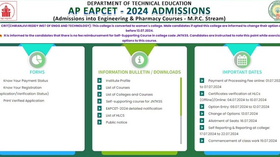 AP EAMCET Counselling 2024 Live: Round 1 allotment result to be released today (eapcet-sche.aptonline.in/EAPCET)