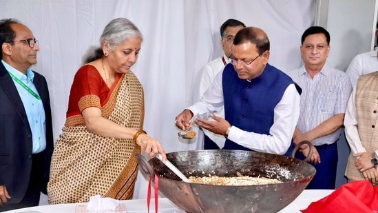 Union finance minister Nirmala Sitharaman with union minister of state for finance Pankaj Chaudhary during the 'halwa' ceremony.