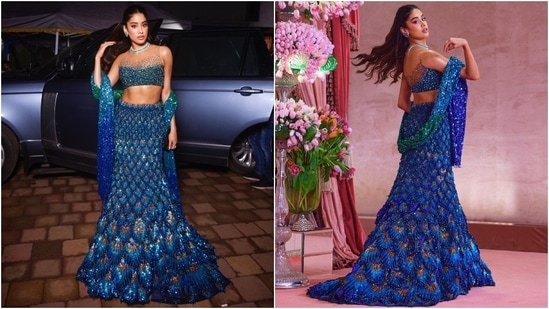 The last look is from Anant and Radhika's sangeet ceremony. Janhvi looked lovely in a sequinned blouse, a peacock feather embellished mermaid lehenga, and a matching dupatta for the occasion. She even performed at the event, for which her boyfriend, Shikhar Pahariya, had to cut the can-can.&nbsp;(Instagram)
