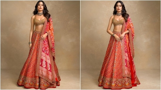 Janhvi wore a colourful lehenga set designed by Aprita Mehta for Anant Ambani and Radhika Merchant's Mameru ceremony. She wore a coral lehenga accentuated with elephant and tree embroidered motifs inspired by the traditional craft of Ahir embroidery. A hand-embroidered vintage bandhani dupatta and a colourful bralette completed the look.&nbsp;(Instagram)