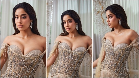 Janhvi added a twist to traditional Indian wear for Anant and Radhika's Shubh Aashirwad ceremony in a Tarun Tahiliani corset and lehenga look. It is from the designer label's upcoming bridal couture 2024 collection.&nbsp;(Instagram)
