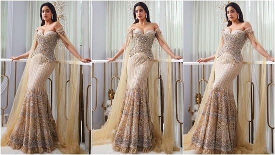 Janhvi wore an art nouveau-inspired structured sweeping skirt hand-embroidered with crystals, pearls and sequins. She paired it with a complementing crystal embellished sculpted corset attached with draped sequinned wings.(Instagram)