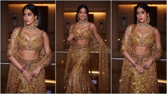 The pièce de résistance of her golden lehenga is the blouse decked with real gold temple jewellery, which is significant to her cultural heritage. It has a deep neckline, a backless design, a fitted bust, and a cropped hem. She paired it with a mermaid-style lehenga skirt decked in shimmering gold sequins, beads, and dori work to harmonise with the sleeveless top.&nbsp;(Instagram)