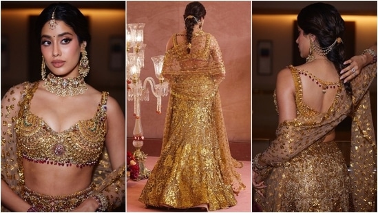 Janhvi paired the bralette and lehenga set with a net dupatta decked in floral-pattern golden sequins. She styled the opulent ensemble with a choker necklace, chandbalis, ear chains attached to the braided hairdo, a mang tika, kadhas, rings, winged eyeliner, gold eye shadow, darkened brows, mascara-adorned lashes, rouged cheeks, and glossy pink lips.&nbsp;(Instagram)