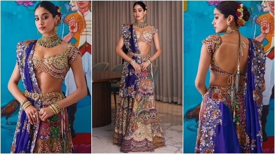 Janhvi wore this lehenga for the Shiv Shakti Puja hosted by Nita Ambani and Mukesh Ambani. She wore a multi-coloured Anamika Khanna lehenga for the event. It features a backless blouse with a plunging neckline, a scalloped crop hem, bead and sequin work, and a stunning floral print. A multi-panelled lehenga and dupatta secured with an ornate gold kamar bandh rounded off the ensemble.&nbsp;(Instagram)
