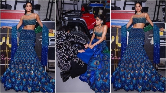 The last look is from Anant and Radhika's sangeet ceremony. Janhvi looked lovely in a sequinned blouse, a peacock feather embellished mermaid lehenga, and a matching dupatta for the occasion. She even performed at the event, for which her boyfriend, Shikhar Pahariya, had to cut the can-can.&nbsp;(Instagram)