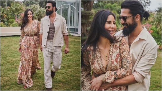 Katrina attended Anant ambani and Radhika Merchant's pre-wedding celebrations in Jamnagar with Viky Kaushal. For one of the events, she wore a printed maxi gown featuring a deep neckline. She styled the ensemble with a tan belt, layered necklace, loose tresses, and striking glam. (Instagram)