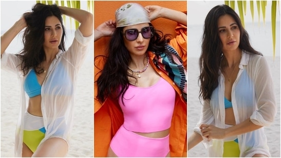 These neon-coloured swimsuits Katrina wore for a photoshoot in the Maldives are a must-have look for your next beach vacation. She paired the blue, white and neon-green bikini separates with a sheer white shirt, white the pink bralette and bikini bottoms with an orange jacket and printed head scarf. (Instagram)