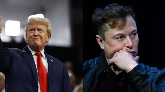 Elon Musk plans to commit $45 million per month to a new Trump super PAC.(Left Image: Joe Raedle/Getty Images/AFP (Photo by JOE RAEDLE / GETTY IMAGES NORTH AMERICA / Getty Images via AFP), Right Image: AP Photo/Susan Walsh, File)