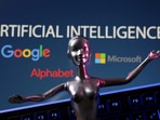 Google, Microsoft and Alphabet logos and AI Artificial Intelligence words are seen in this illustration.