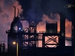 Tata Steel's Port Talbot steel production plant is seen at night time, ahead of its planned transition from blast furnace to electric arc furnaces. (Toby Melville/Reuters)