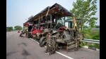 Mangled remains of a bus lies on a road after an accident, in Unnao district, Wednesday, July 10, 2024 (PTI) Mangled remains of a bus lies on a road after an accident, in Unnao district, Wednesday, July 10, 2024 (PTI)