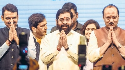 Maharashtra chief minister Eknath Shinde with deputy CMs Devendra Fadnavis of the BJP and NCP chief Ajit Pawar (Satish Bate/HT ) Maharashtra chief minister Eknath Shinde with deputy CMs Devendra Fadnavis of the BJP and NCP chief Ajit Pawar (Satish Bate/HT )