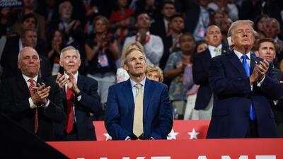 Former US President Donald Trump (right) applaud speakers on the second day of the Republican National Convention at the Fiserv Forum in Milwaukee, Wisconsin, on Tuesday. (AFP) Former US President Donald Trump (right) applaud speakers on the second day of the Republican National Convention at the Fiserv Forum in Milwaukee, Wisconsin, on Tuesday. (AFP)