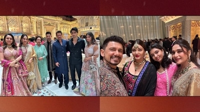 Madhuri Dixit with Shah Rukh Khan, Aishwarya Rai and others at Ambani event. Madhuri Dixit with Shah Rukh Khan, Aishwarya Rai and others at Ambani event.