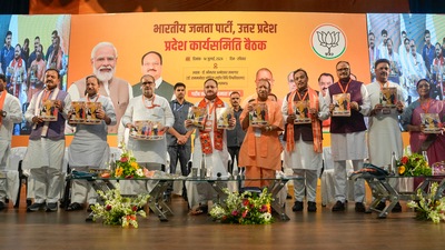 Uttar Pradesh Chief Minister Yogi Adityanath, Union Minister and BJP National President JP Nadda, Deputy Chief Ministers Brajesh Pathak and Keshav Prasad Maurya (PTI Photo/Nand Kumar) (PTI) Uttar Pradesh Chief Minister Yogi Adityanath, Union Minister and BJP National President JP Nadda, Deputy Chief Ministers Brajesh Pathak and Keshav Prasad Maurya (PTI Photo/Nand Kumar) (PTI)