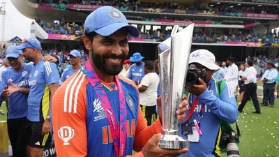 India's Ravindra Jadeja celebrates with the trophy after winning the T20 World Cup. (REUTERS)