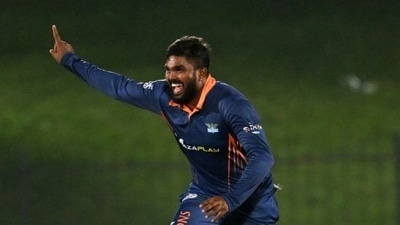 Wanindu Hasaranga celebrates a wicket.