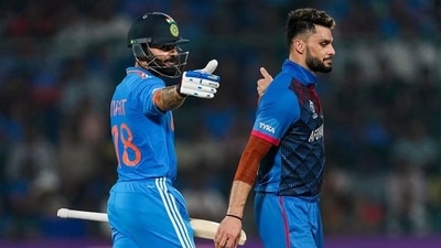 Virat Kohli and Naveen ul Haq during India and Afghanistan encounter in ICC World Cup. (Twitter) Virat Kohli and Naveen ul Haq during India and Afghanistan encounter in ICC World Cup. (Twitter)