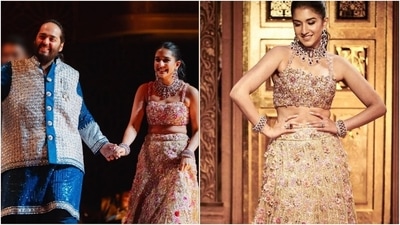 Radhika Merchant wears a Manish Malhotra lehenga decked with 25,000 Swarovski crystals. (Instagram )
