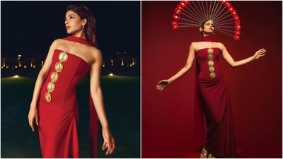 Samantha Ruth Prabhu wears a red corset and skirt by Masaba Gupta. (Instagram ) Samantha Ruth Prabhu wears a red corset and skirt by Masaba Gupta. (Instagram )