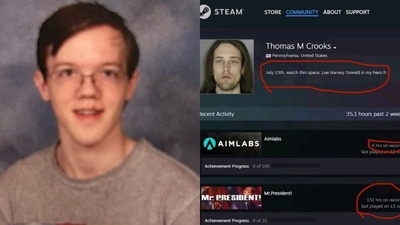 An old yearbook photo of Thomas Matthew Crooks (left) vs a presumably fake Steam account, though named Thomas M Crooks, uses anti-Trump protester Maxwell Yearick's mugshot as profile photo (right). An old yearbook photo of Thomas Matthew Crooks (left) vs a presumably fake Steam account, though named Thomas M Crooks, uses anti-Trump protester Maxwell Yearick's mugshot as profile photo (right).