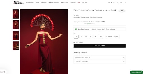The price of the crimson red corset and draped skirt set. (houseofmasaba.com)