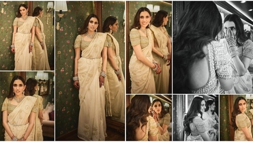 Shloka Mehta in a cream embellished saree. (Instagram) Shloka Mehta in a cream embellished saree. (Instagram)