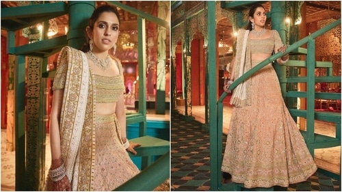 Shloka Mehta in an Abu Jani Sandeep Khosla lehenga. (Instagram) Shloka Mehta in an Abu Jani Sandeep Khosla lehenga. (Instagram)