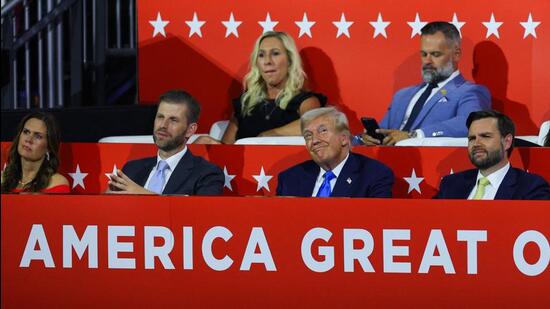 Republican presidential nominee and former U.S. President Donald Trump and Republican vice presidential nominee J.D. Vance listen as former US Ambassador Nikki Haley speaks on Day 2 of the Republican National Convention (RNC), at the Fiserv Forum (REUTERS) Republican presidential nominee and former U.S. President Donald Trump and Republican vice presidential nominee J.D. Vance listen as former US Ambassador Nikki Haley speaks on Day 2 of the Republican National Convention (RNC), at the Fiserv Forum (REUTERS)
