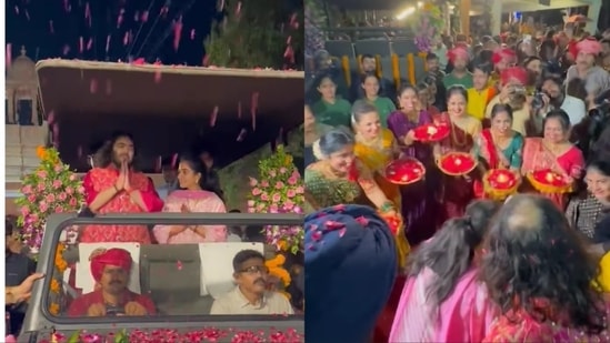 Anant Ambani, Radhika Merchant fold hands as they are welcomed with shower of flower petals, aarti in Jamnagar. Watch