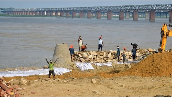 Development work underway ahead of Mahakumbh-21025 in Prayagraj on Wednesday. (HT)