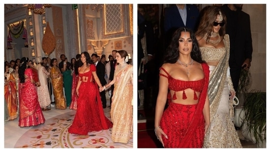 Kim Kardashian shared photos with sister Khloe Kardashian and Nita Ambani from Anant Ambani and Radhika Merchant's wedding ceremony.