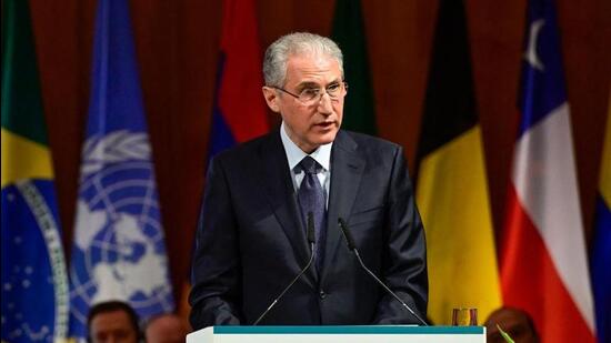 Mukhtar Babayev, President of COP29, delivers a speech of the Petersberg Climate Dialogue meeting held in April 25. (AFP photo)