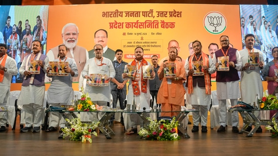 Lucknow: Uttar Pradesh Chief Minister Yogi Adityanath, Union Minister and BJP National President JP Nadda, Deputy Chief Ministers Brajesh Pathak and Keshav Prasad Maurya.(PTI file poto)