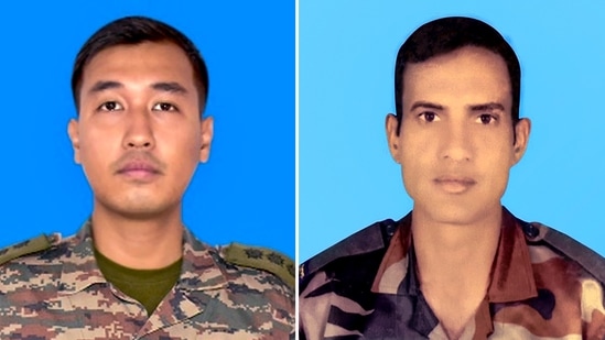 Captain Brijesh Thapa (left) and sepoy Bijendra who were killed in the encounter between security forces and terrorists in Doda district on July 16,(PTI)