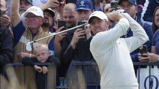 Rory McIlroy hits off the 17th tee during a practice round ahead of the British Open Golf Championships at Royal Troon golf club in Troon, Scotland on Wednesday. (AP)